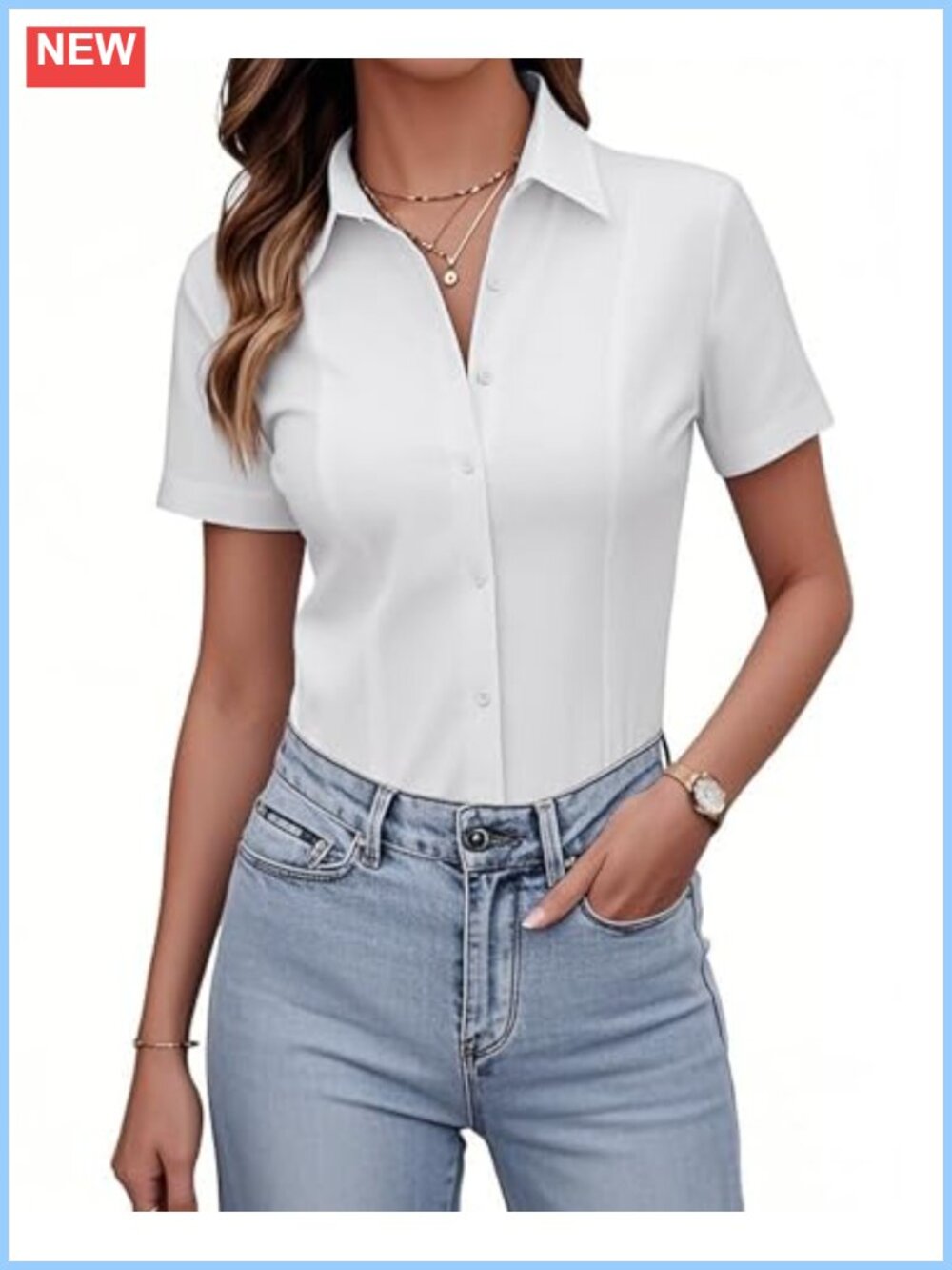 Women's Stretch Slim Fit Short Sleeve Button Down Shirt Work Blouse